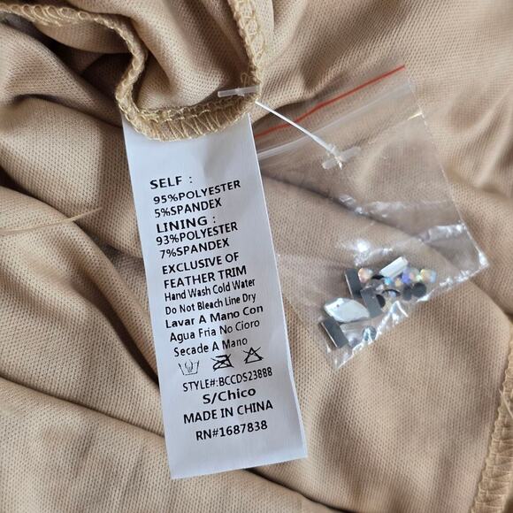 Woman's Tan Embellished Feather Trim Mini Dress Sz. S/M - Picture 7 of 7